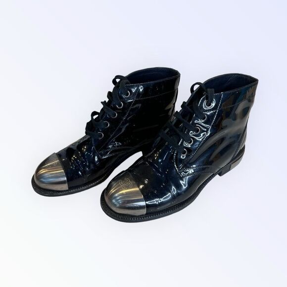 Chanel Patent Leather Metal Toe CC Boots 37 - Picture 4 of 9